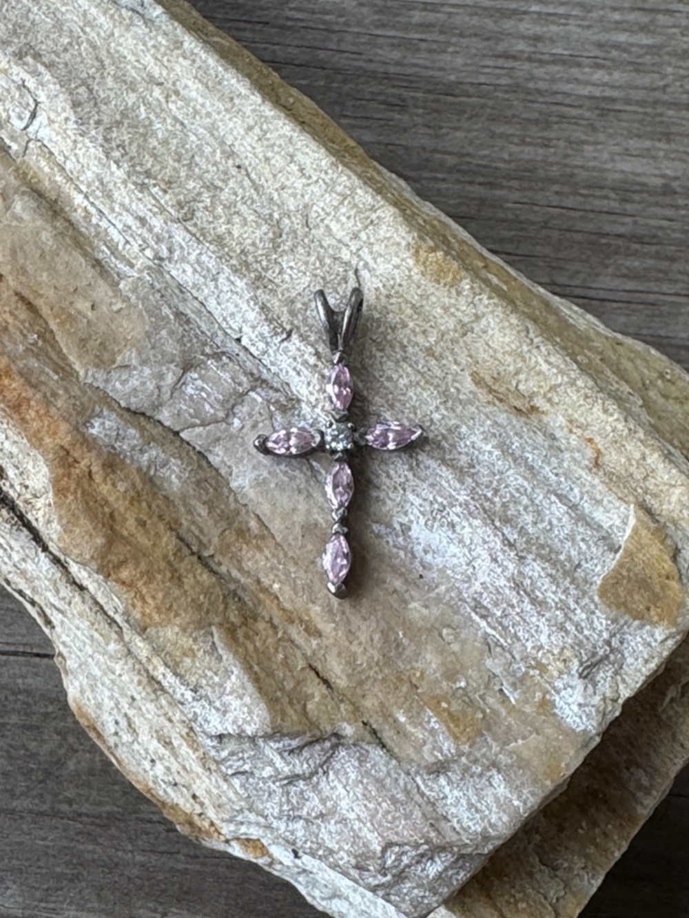 Sterling Silver Cross Pendant with Pink Topaz